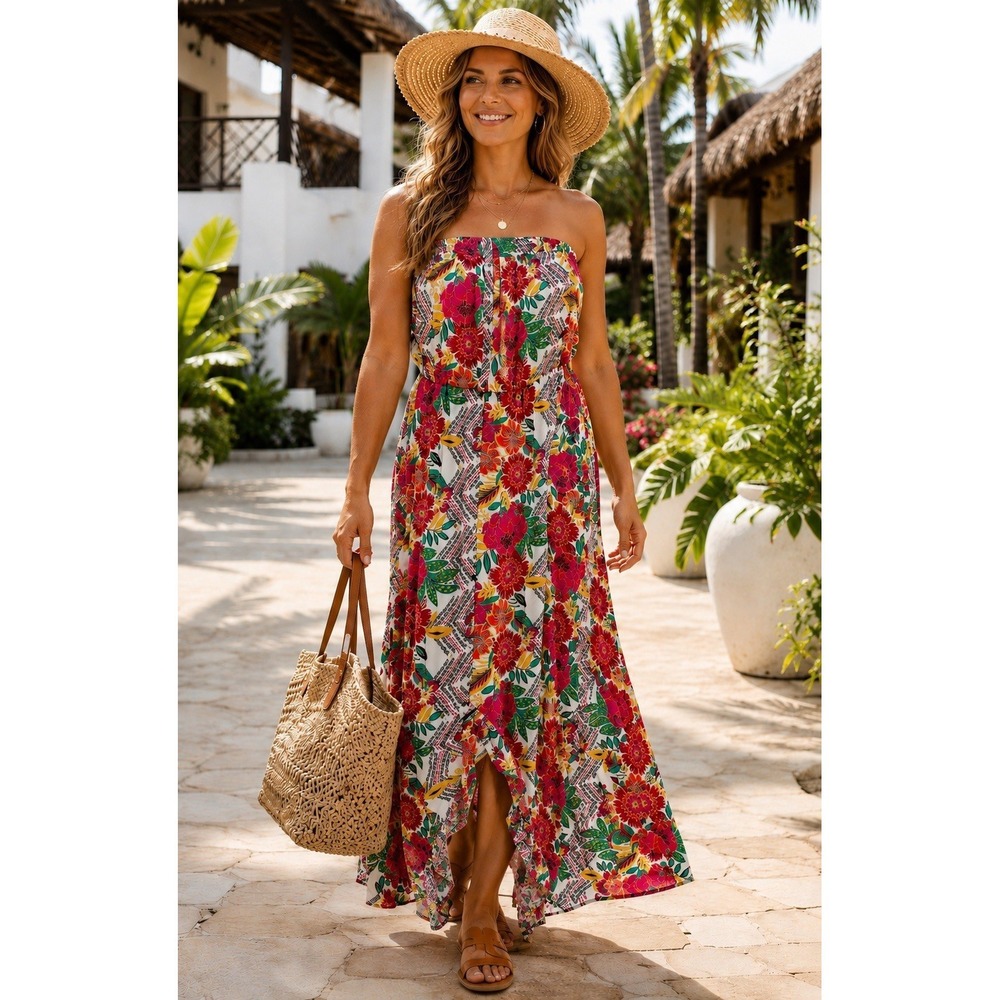 Xhilaration XL Strapless Floral Maxi Dress Boho Resort Smocked Rayon Ruffle DD31